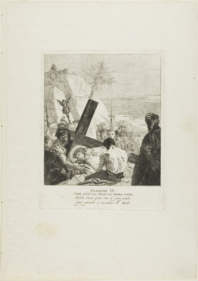Cristo cae bajo la cruz por tercera vez, lámina nueve del Vía Crucis de Giovanni Domenico Tiepolo