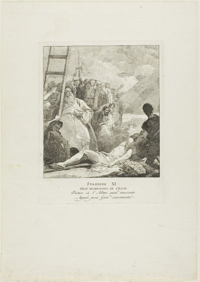 Cristo es clavado en la cruz, lámina once del Vía Crucis de Giovanni Domenico Tiepolo