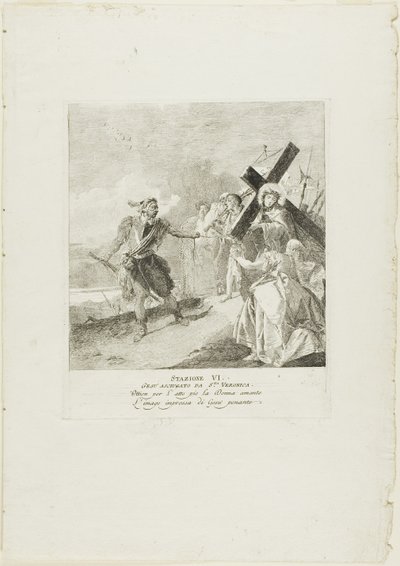 El rostro de Cristo es enjugado por Santa Verónica, lámina seis del Vía Crucis de Giovanni Domenico Tiepolo