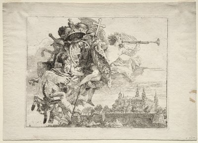 Huida a Egipto: Dedicación con figura alada de la Fama portando los brazos del Príncipe-Obispo de Wurzburgo de Giovanni Domenico Tiepolo