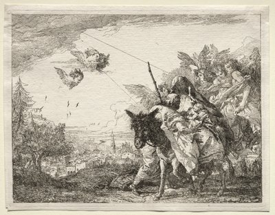 Huida a Egipto: José Deteniéndose para Contemplar al Niño Cristo de Giovanni Domenico Tiepolo