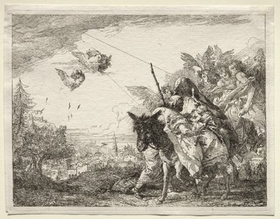 Huida a Egipto: José deteniéndose para mirar al Niño Cristo de Giovanni Domenico Tiepolo