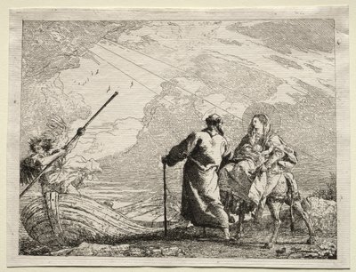 Huida a Egipto: La Sagrada Familia llegando a la orilla del río de Giovanni Domenico Tiepolo