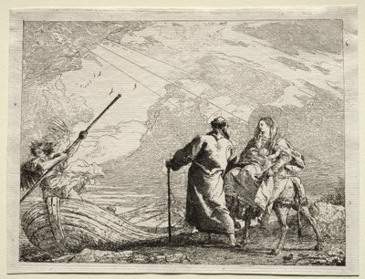 Huida a Egipto: La Sagrada Familia llegando a la orilla del río de Giovanni Domenico Tiepolo