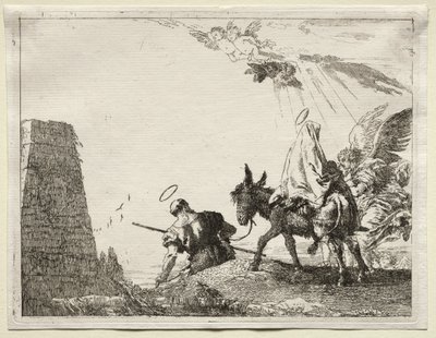 Huida a Egipto: La Sagrada Familia pasando cerca de una pirámide de Giovanni Domenico Tiepolo