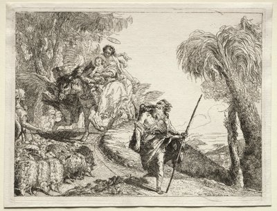 Huida a Egipto: La Sagrada Familia y el rebaño de ovejas de Giovanni Domenico Tiepolo
