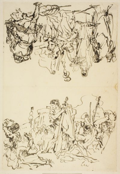 Hoja doblada con "El martirio de San Esteban y Agripina desembarcando en Brindisi con las cenizas de Germánico" de Giovanni Domenico Tiepolo