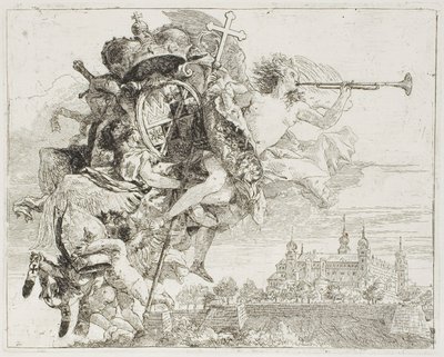 Frontispicio: Las armas de Carl Philipp von Greiffenklau llevadas en alto por un ángel, de La huida a Egipto de Giovanni Domenico Tiepolo