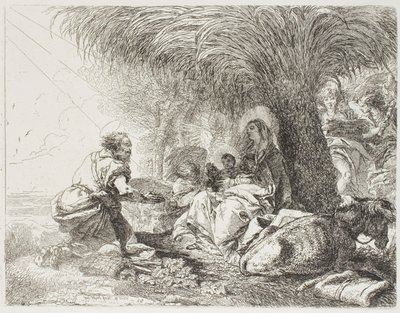 José Adorando al Niño Mientras Dos Ángeles Cantan, lámina diecinueve de La Huida a Egipto de Giovanni Domenico Tiepolo