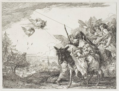 José adora al Niño, que está en brazos de María, lámina nueve de La huida a Egipto de Giovanni Domenico Tiepolo