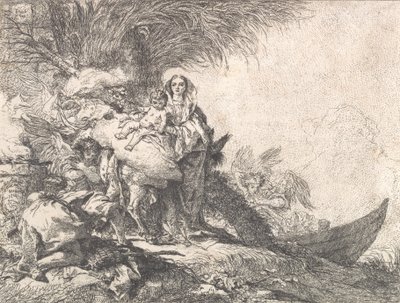 José adorando al Niño Jesús cerca de un altar humeante, de la Huida a Egipto, 1752 de Giovanni Domenico Tiepolo