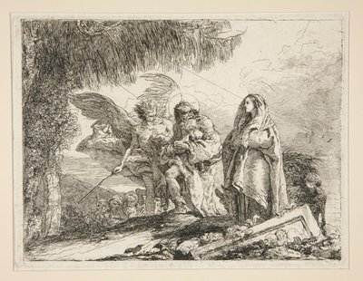 José con Jesús en brazos, de la serie Idee pittoresche sopra la fuga en Egitto (Huida a Egipto) de Giovanni Domenico Tiepolo