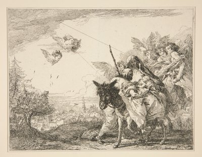 José contempla al Niño Jesús, de la serie Ideas pintorescas sobre la huida a Egipto (Flight into Egypt) de Giovanni Domenico Tiepolo