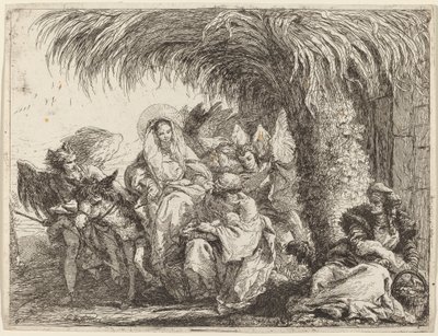 José arrodillado con el niño ante María en el burro de Giovanni Domenico Tiepolo