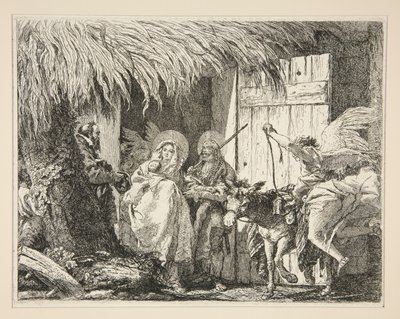 José y María frente a una casa, de la serie Idee pittoresche sopra la fuga en Egitto (Huida a Egipto) de Giovanni Domenico Tiepolo