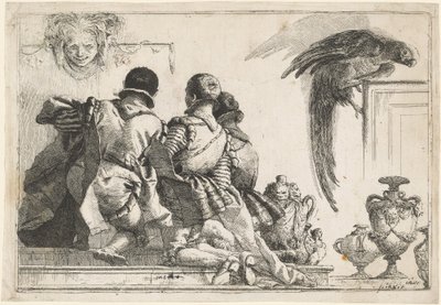 Páginas arrodilladas, una máscara y un loro de Giovanni Domenico Tiepolo