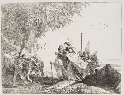 María, Ayudada por José y un Ángel, Saliendo del Barco, lámina dieciocho de La Huida a Egipto de Giovanni Domenico Tiepolo