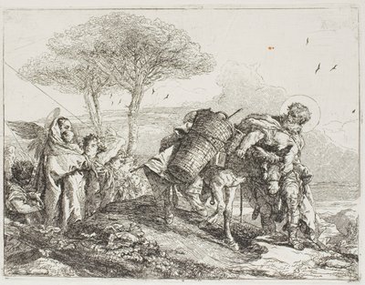 María, ayudada por dos ángeles, sigue a José con el burro, lámina 25 de La huida a Egipto de Giovanni Domenico Tiepolo