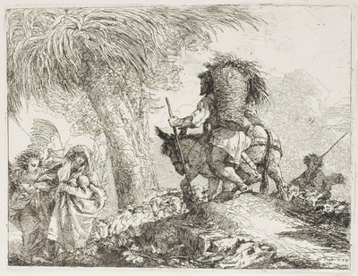 María, ayudada por un ángel, y José llevando la cesta, pasando un rebaño, placa 24 de La huida a Egipto de Giovanni Domenico Tiepolo