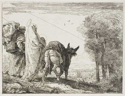 María sosteniendo al niño en sus brazos y José con la cesta, lámina diez de La huida a Egipto de Giovanni Domenico Tiepolo