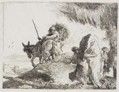 María, apoyada por dos ángeles, sigue a José, lámina 26 de La huida a Egipto de Giovanni Domenico Tiepolo