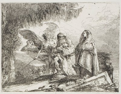 María y José, sosteniendo al niño, son escoltados por un ángel, lámina doce de La huida a Egipto de Giovanni Domenico Tiepolo