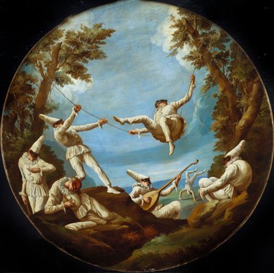Punchinellos en columpios, haciendo música y acrobacias en un paisaje de Giovanni Domenico Tiepolo
