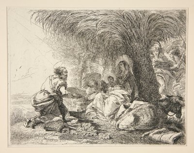 San José adorando al Niño Jesús, de la serie Idee pittoresche sopra la fuga en Egitto (Huida a Egipto) de Giovanni Domenico Tiepolo
