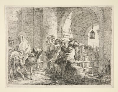 La llegada de la Sagrada Familia a la puerta de una ciudad, de la serie Idee pittoresche sopra la fuga en Egitto (Huida a Egipto) de Giovanni Domenico Tiepolo