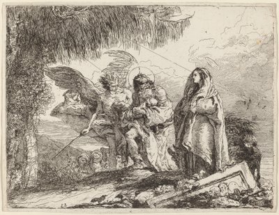 La huida, Sagrada Familia caminando con ángel de Giovanni Domenico Tiepolo