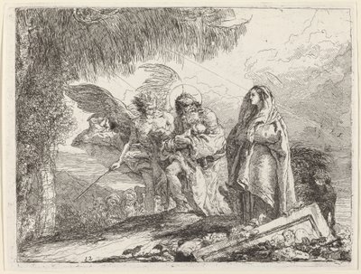 La huida, Sagrada Familia caminando con ángel de Giovanni Domenico Tiepolo