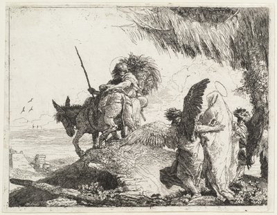 La huida, con la Madonna a la derecha apoyada por ángeles de Giovanni Domenico Tiepolo