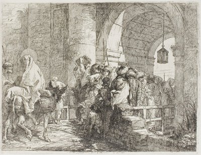 La Sagrada Familia llegando a la puerta de una ciudad, lámina 27 de La huida a Egipto de Giovanni Domenico Tiepolo