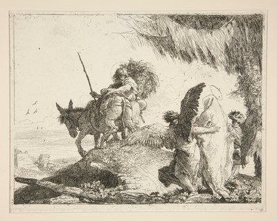 La Sagrada Familia entre dos ángeles, de la serie Idee pittoresche sopra la fuga en Egitto (Huida a Egipto) de Giovanni Domenico Tiepolo