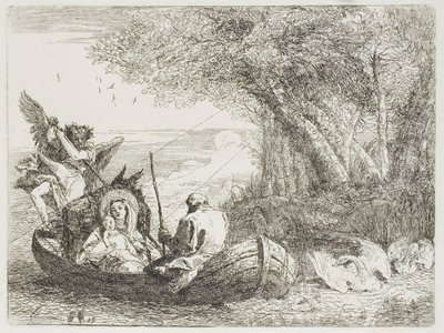 La Sagrada Familia cruzando el lago en el bote, lámina diecisiete de La huida a Egipto de Giovanni Domenico Tiepolo