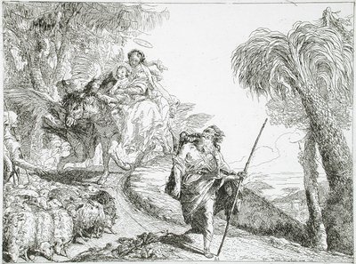 La Sagrada Familia desciende por un sendero forestal, cerca de un rebaño y algunos pastores de Giovanni Domenico Tiepolo