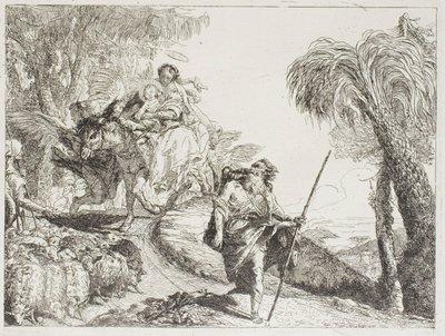 La Sagrada Familia Descendiendo por un Sendero del Bosque, Cerca de un Rebaño y Algunos Pastores, lámina 21 de La Huida a Egipto de Giovanni Domenico Tiepolo