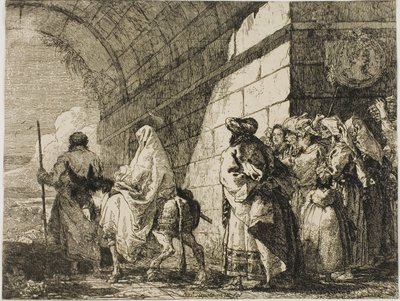 La Sagrada Familia saliendo por una puerta de la ciudad, lámina siete de La huida a Egipto de Giovanni Domenico Tiepolo