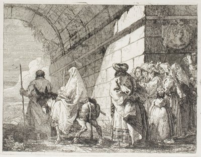 La Sagrada Familia saliendo por una puerta de la ciudad, placa siete de La huida a Egipto de Giovanni Domenico Tiepolo