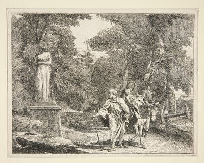 La Sagrada Familia pasando cerca de una estatua, de la serie Idee pittoresche sopra la fuga en Egitto (Huida a Egipto) de Giovanni Domenico Tiepolo