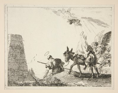 La Sagrada Familia pasando una pirámide, de la serie Idee pittoresche sopra la fuga en Egitto (Huida a Egipto) de Giovanni Domenico Tiepolo
