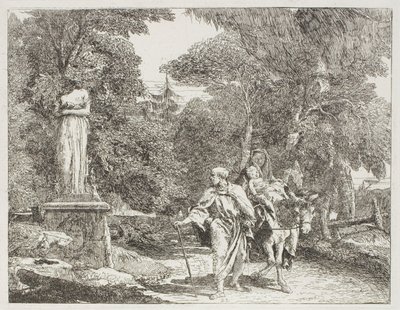 La Sagrada Familia pasando una estatua, cuya cabeza cae al suelo, lámina 22 de La huida a Egipto de Giovanni Domenico Tiepolo