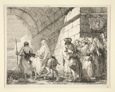 La Sagrada Familia pasando bajo un arco, saliendo por una puerta de la ciudad, de la serie Idee pittoresche sopra la fuga en Egitto (Huida a Egipto) de Giovanni Domenico Tiepolo