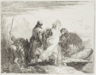 La Sagrada Familia bajando del banco, lámina quince de La huida a Egipto de Giovanni Domenico Tiepolo