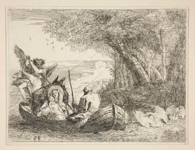 La Sagrada Familia viajando en barco, de la serie Idee pittoresche sopra la fuga en Egitto (Huida a Egipto) de Giovanni Domenico Tiepolo
