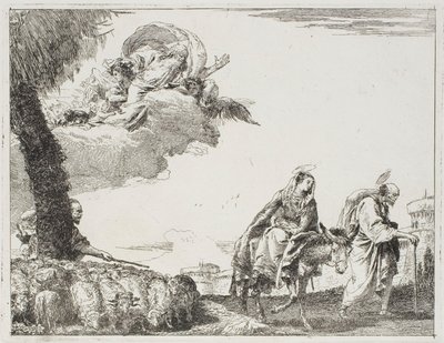 La Sagrada Familia caminando a lo largo de una muralla de la ciudad. A la izquierda, un pastor con su rebaño y Dios Padre, placa ocho de La huida a Egipto de Giovanni Domenico Tiepolo