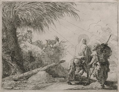 La Sagrada Familia en un camino rocoso, de la serie Idee pittoresche sulla fuga en Egitto (Huida a Egipto) de Giovanni Domenico Tiepolo