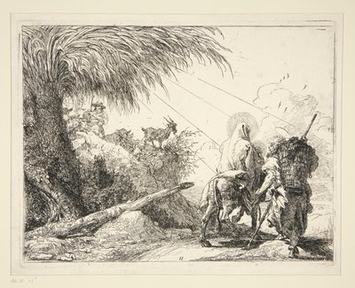La Sagrada Familia en un camino pedregoso, de la serie Idee pittoresche sulla fuga en Egitto (Huida a Egipto) de Giovanni Domenico Tiepolo