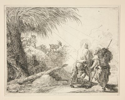 La Virgen, montada en el burro y vista de espaldas, de la serie Idee pittoresche sopra la fuga en Egitto (Huida a Egipto) de Giovanni Domenico Tiepolo
