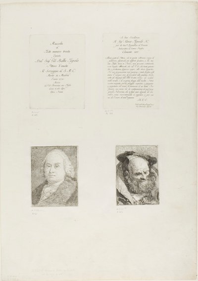 Página de título, dedicación, retrato de Giambattista Tiepolo, anciano barbudo de Giovanni Domenico Tiepolo